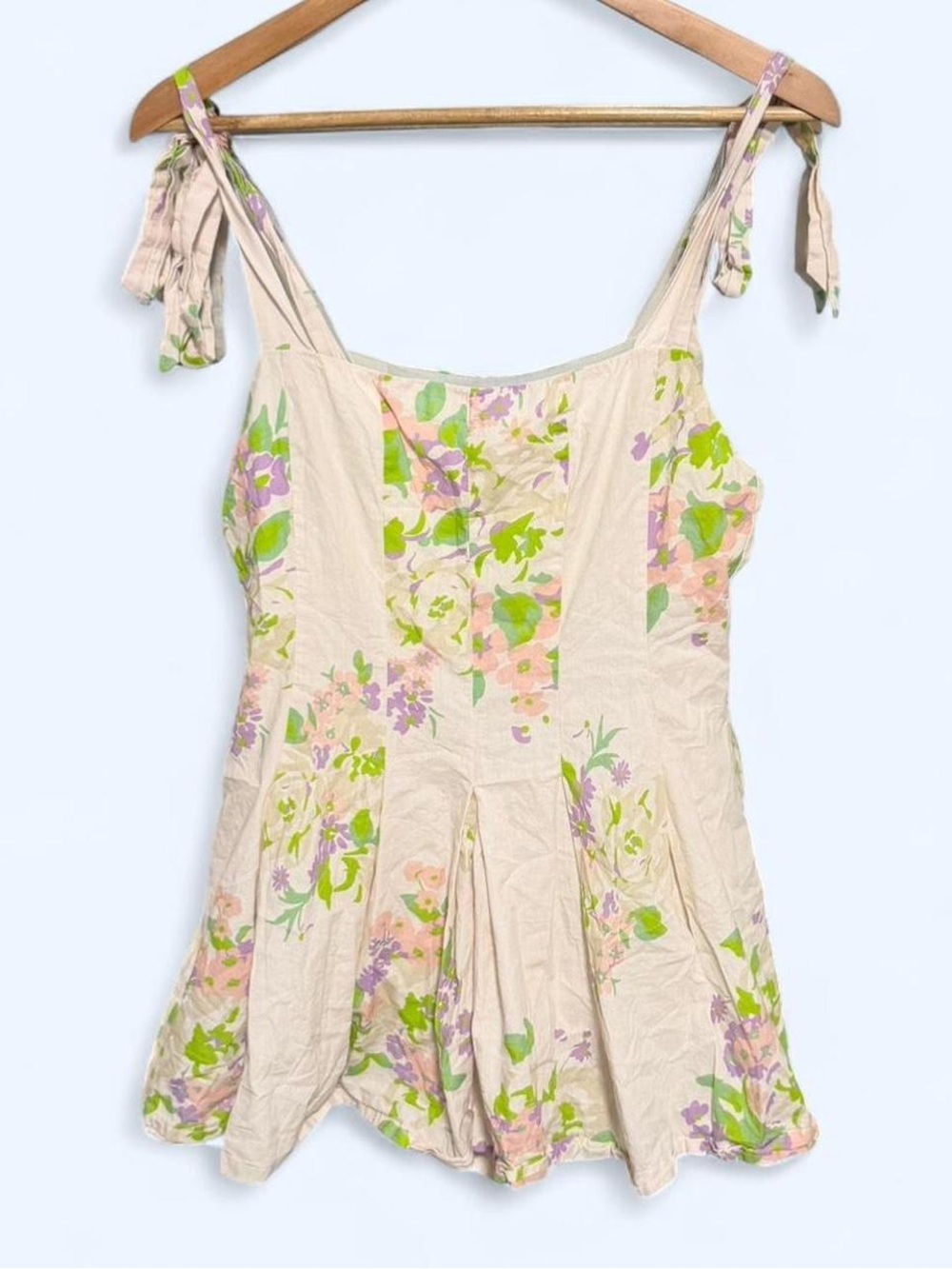 Cream Tie-Shoulder Mini Dress with Green & Lilac Floral Print